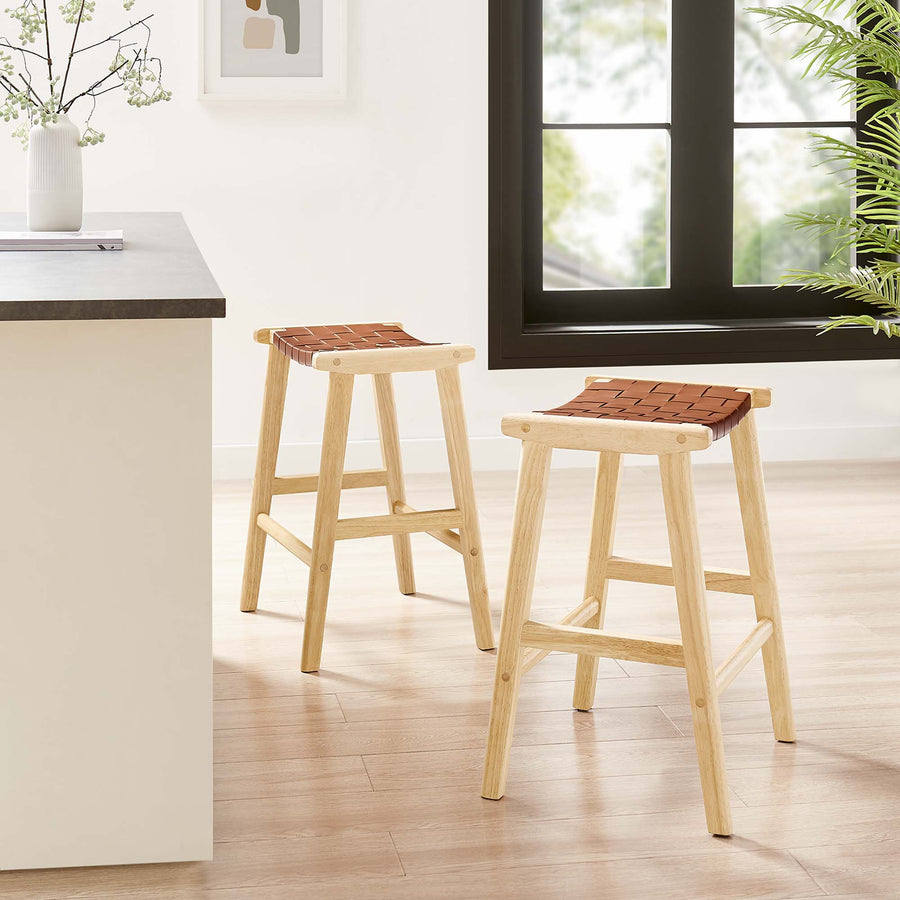 Aurora Faux Leather Wood Counter Stool Set of 2 in Natural Brown