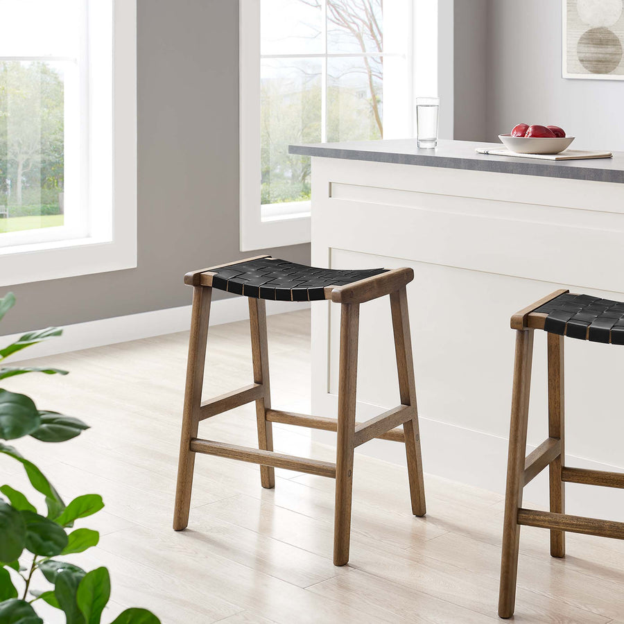 Aurora Faux Leather Wood Counter Stool Set of 2 in Walnut Black