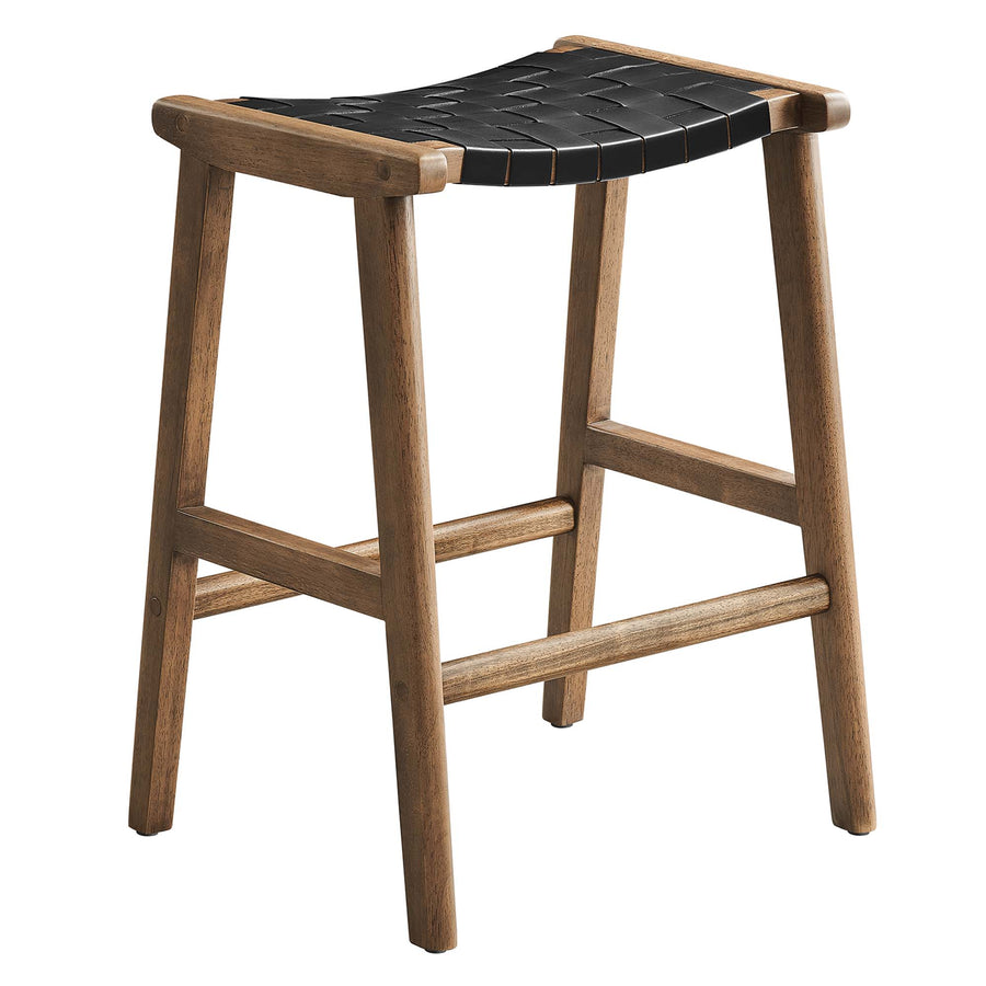 Aurora Faux Leather Wood Counter Stool Set of 2 in Walnut Black
