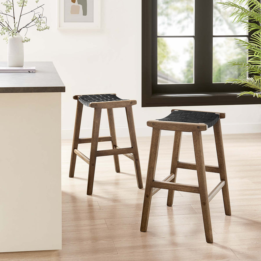 Aurora Faux Leather Wood Counter Stool Set of 2 in Walnut Black