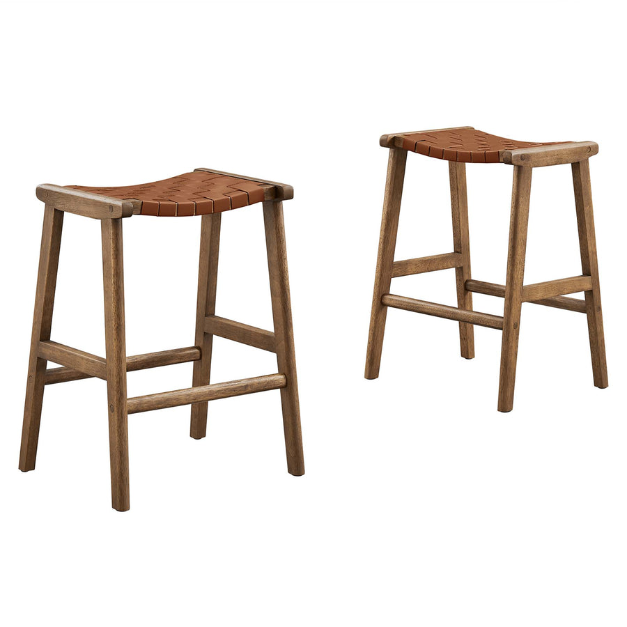 Aurora Faux Leather Wood Counter Stool Set of 2 in Walnut Brown