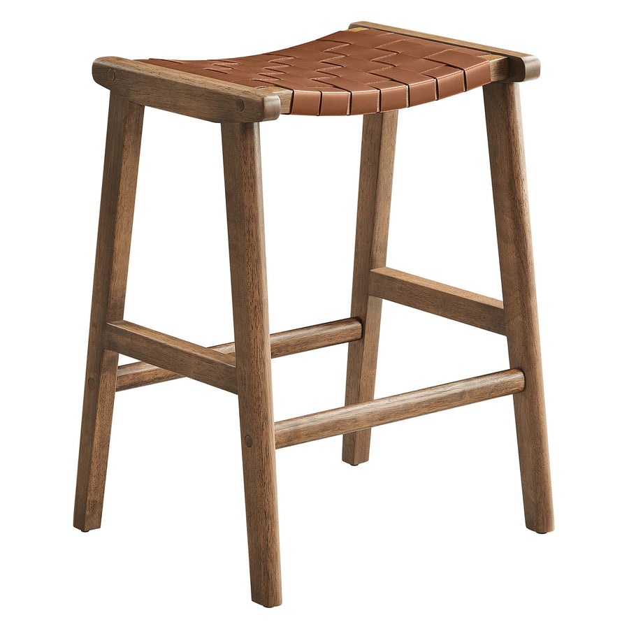 Aurora Faux Leather Wood Counter Stool Set of 2 in Walnut Brown