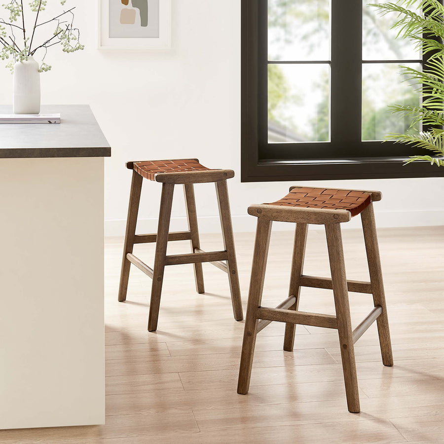 Aurora Faux Leather Wood Counter Stool Set of 2 in Walnut Brown