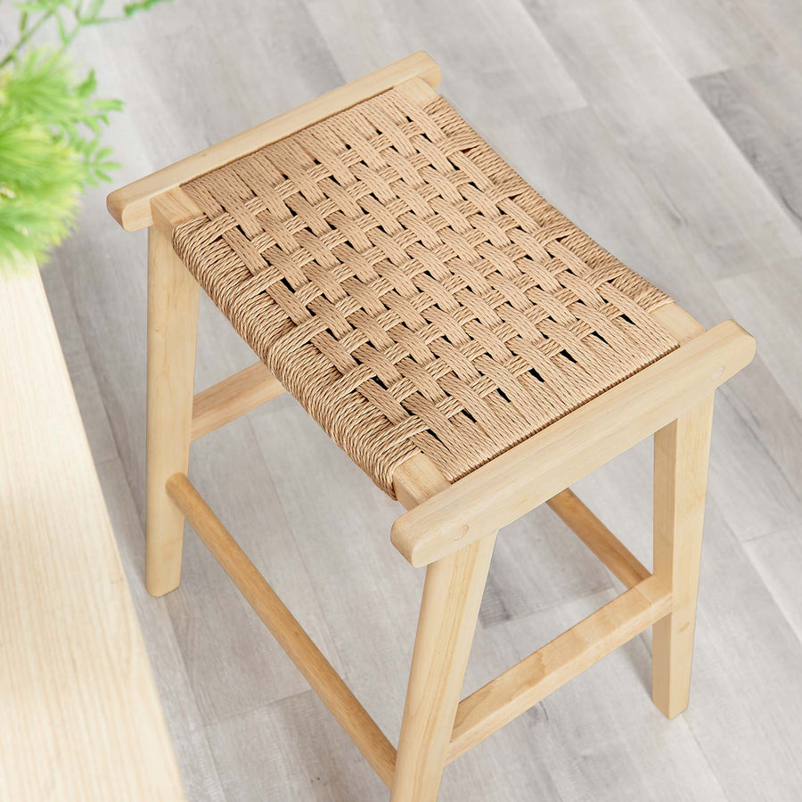 Aurora Woven Rope Wood Counter Stool Set of 2 in Natural Natural