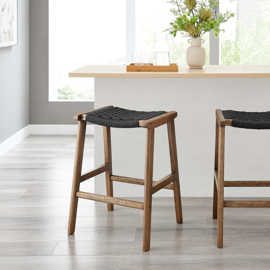 Aurora Woven Rope Wood Counter Stool Set of 2 in Walnut Black