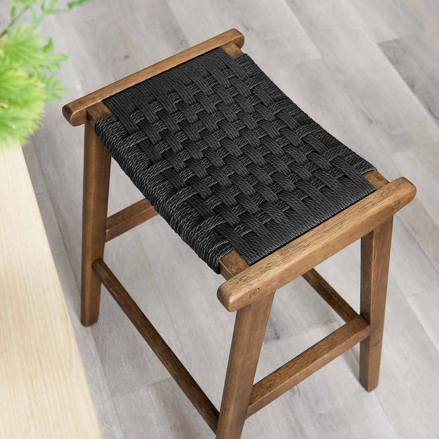 Aurora Woven Rope Wood Counter Stool Set of 2 in Walnut Black