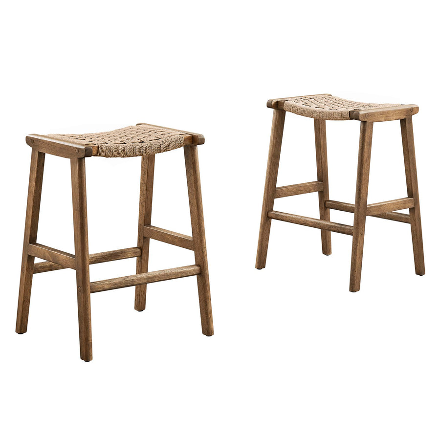 Aurora Woven Rope Wood Counter Stool Set of 2 in Walnut Natural