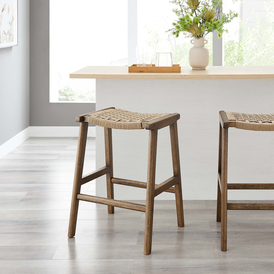 Aurora Woven Rope Wood Counter Stool Set of 2 in Walnut Natural