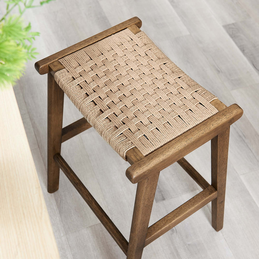 Aurora Woven Rope Wood Counter Stool Set of 2 in Walnut Natural
