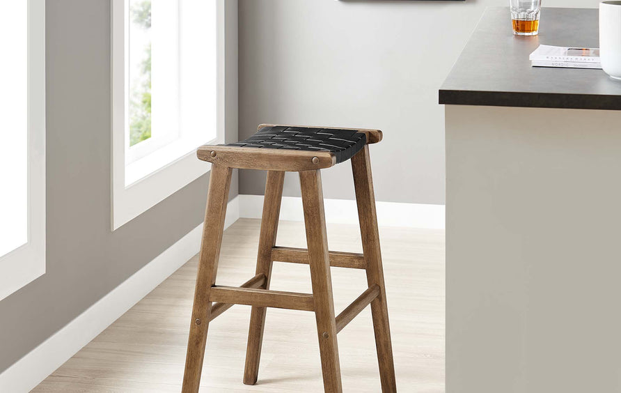 Aurora Leather Wood Bar Stool Set of 2 in Walnut Black
