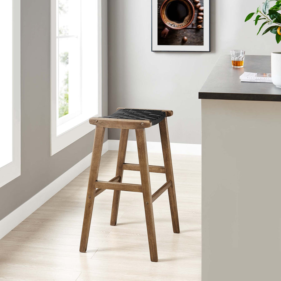 Aurora Leather Wood Bar Stool Set of 2 in Walnut Black