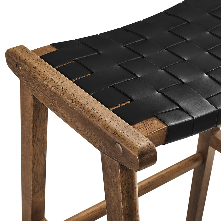 Aurora Leather Wood Bar Stool Set of 2 in Walnut Black