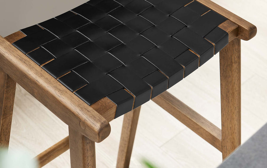 Aurora Leather Wood Bar Stool Set of 2 in Walnut Black
