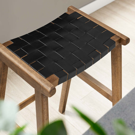Saoirse Leather Wood Bar Stool Set of 2 in Walnut Black