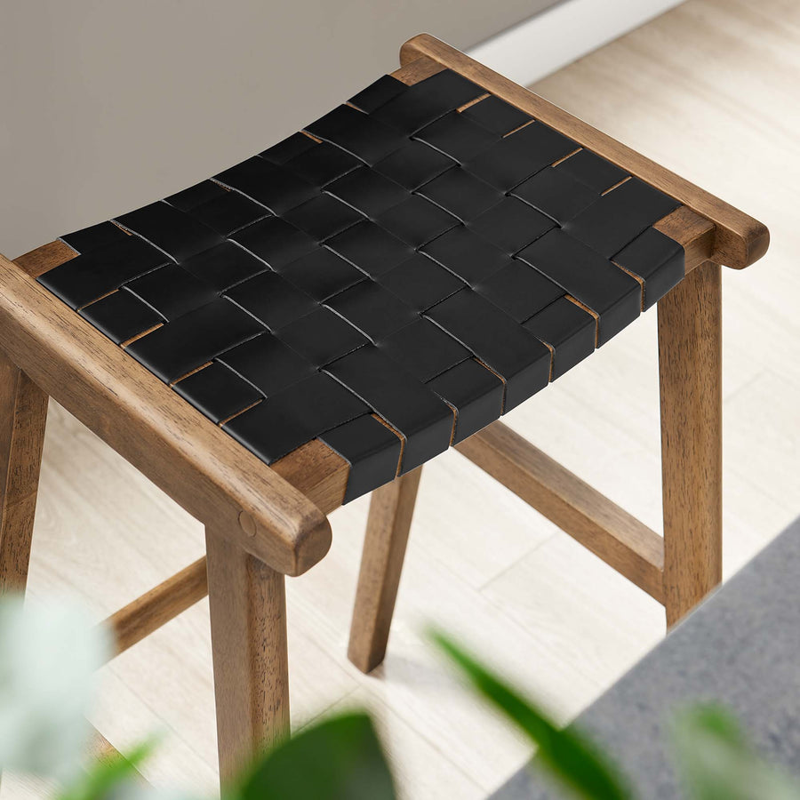 Aurora Leather Wood Bar Stool Set of 2 in Walnut Black