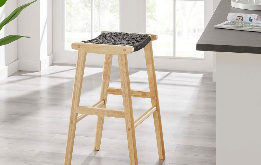 Aurora Woven Rope Wood Bar Stool Set of 2 in Natural Black
