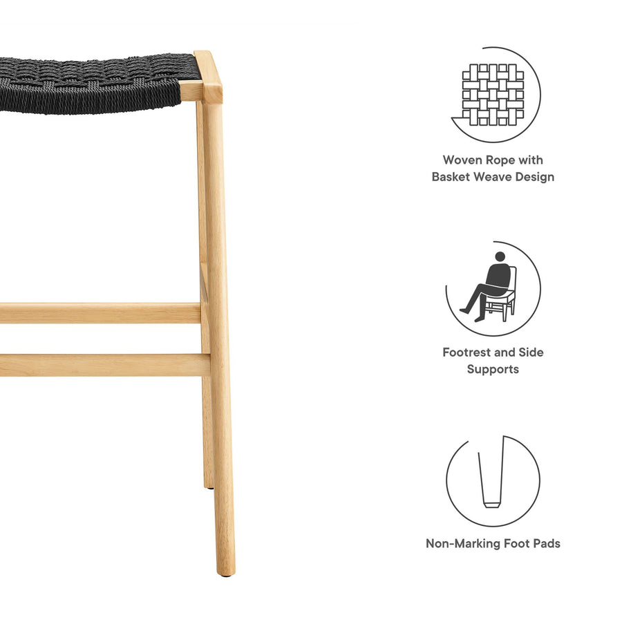 Aurora Woven Rope Wood Bar Stool Set of 2 in Natural Black
