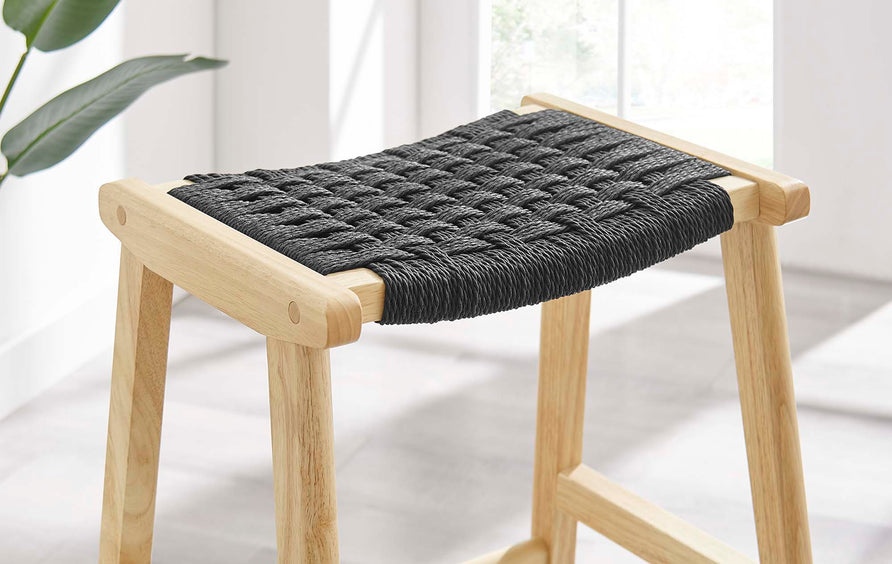 Aurora Woven Rope Wood Bar Stool Set of 2 in Natural Black