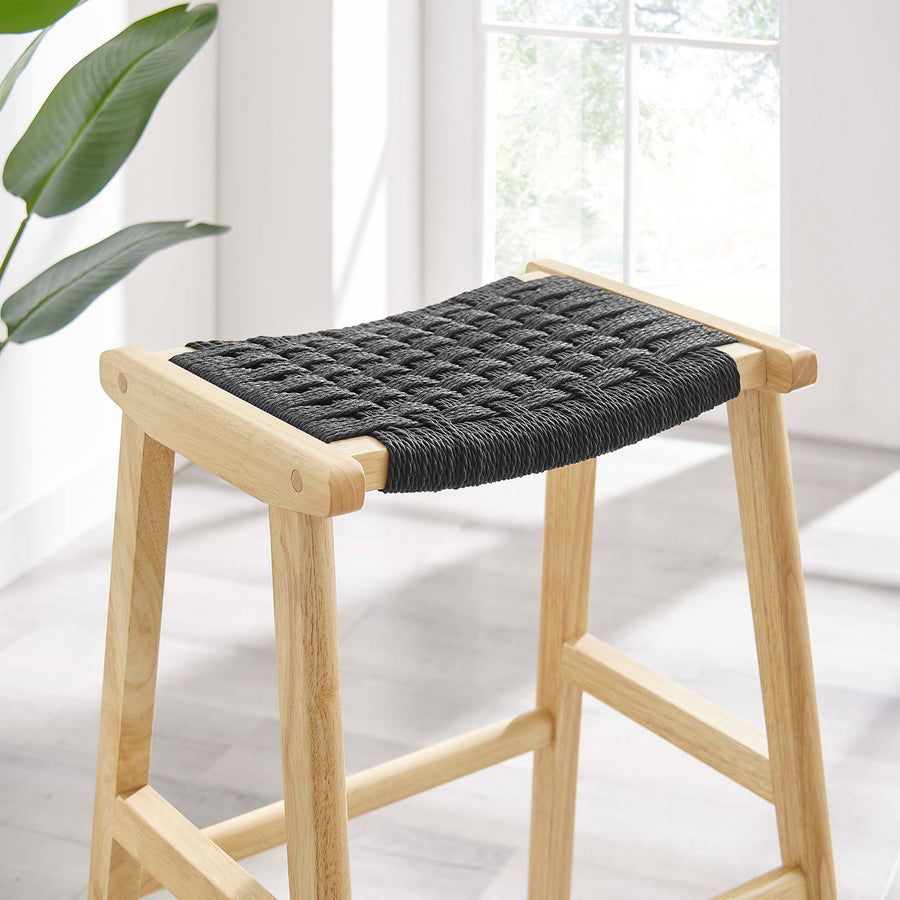 Aurora Woven Rope Wood Bar Stool Set of 2 in Natural Black