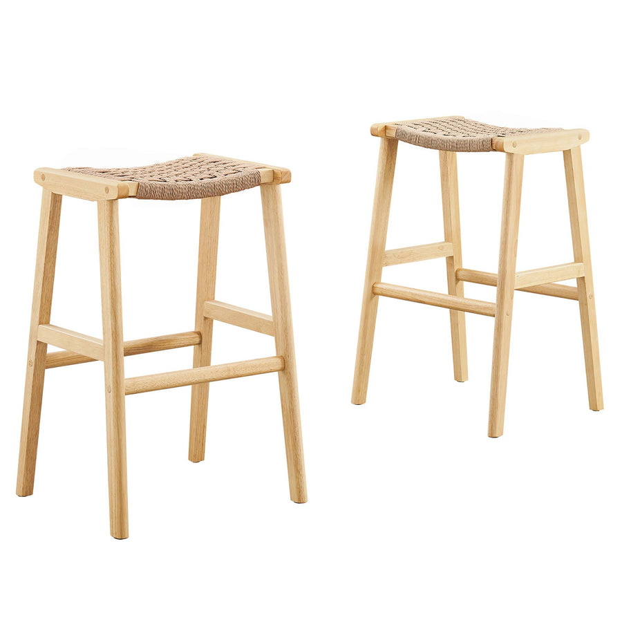Aurora Woven Rope Wood Bar Stool Set of 2 in Natural Natural