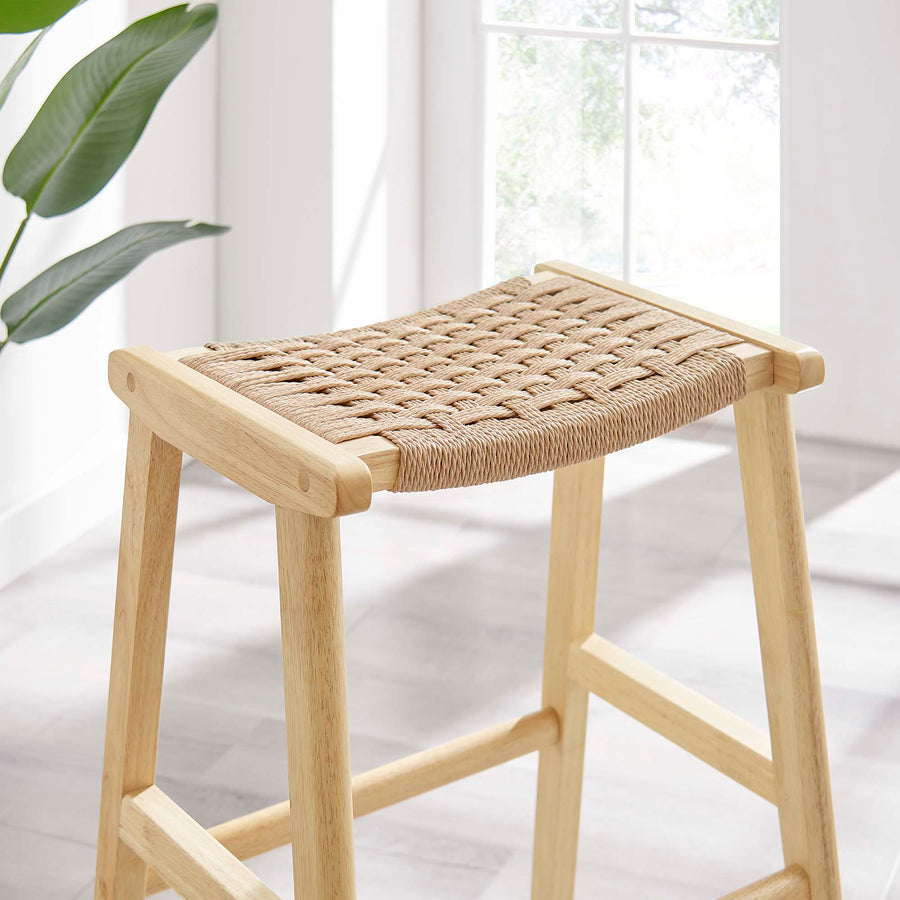 Aurora Woven Rope Wood Bar Stool Set of 2 in Natural Natural