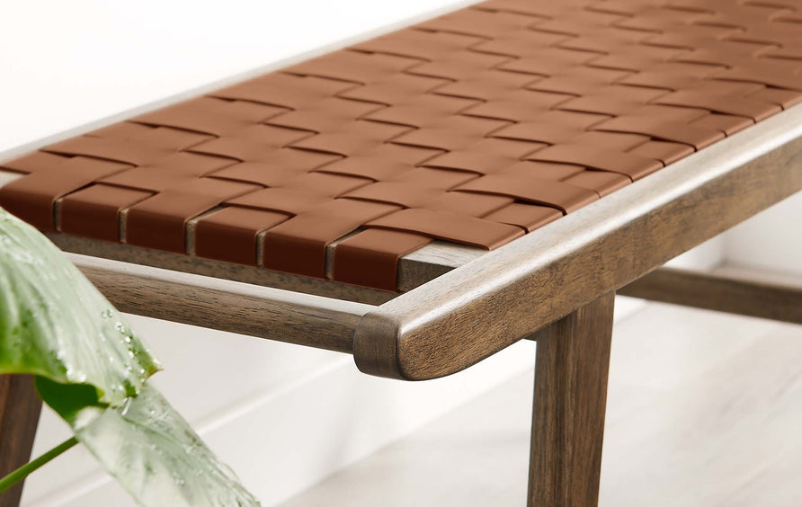 Aurora 47" Faux Leather Wood Bench in Walnut Brown