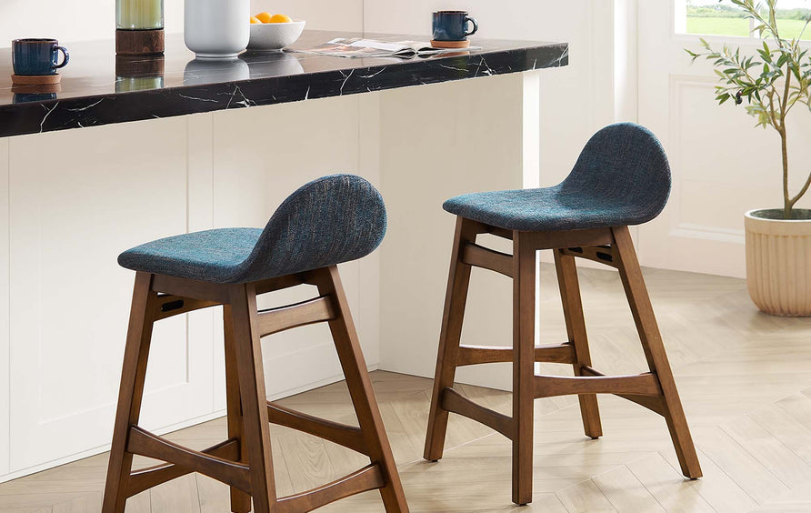 Mantel Wood Counter Stool Set of 2 in Navy Fabric