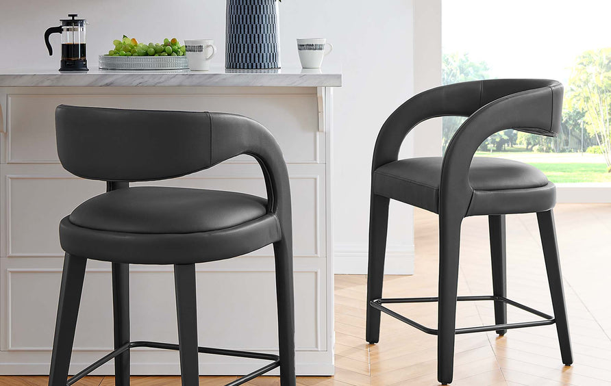 Iris Vegan Leather Counter Stool Set of 2 in Black Black