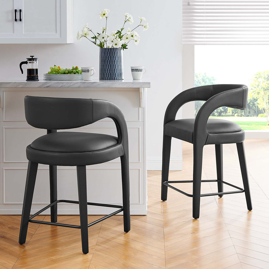 Iris Vegan Leather Counter Stool Set of 2 in Black Black