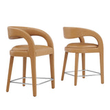 Iris Vegan Leather Counter Stool Set of 2 in Tan Silver