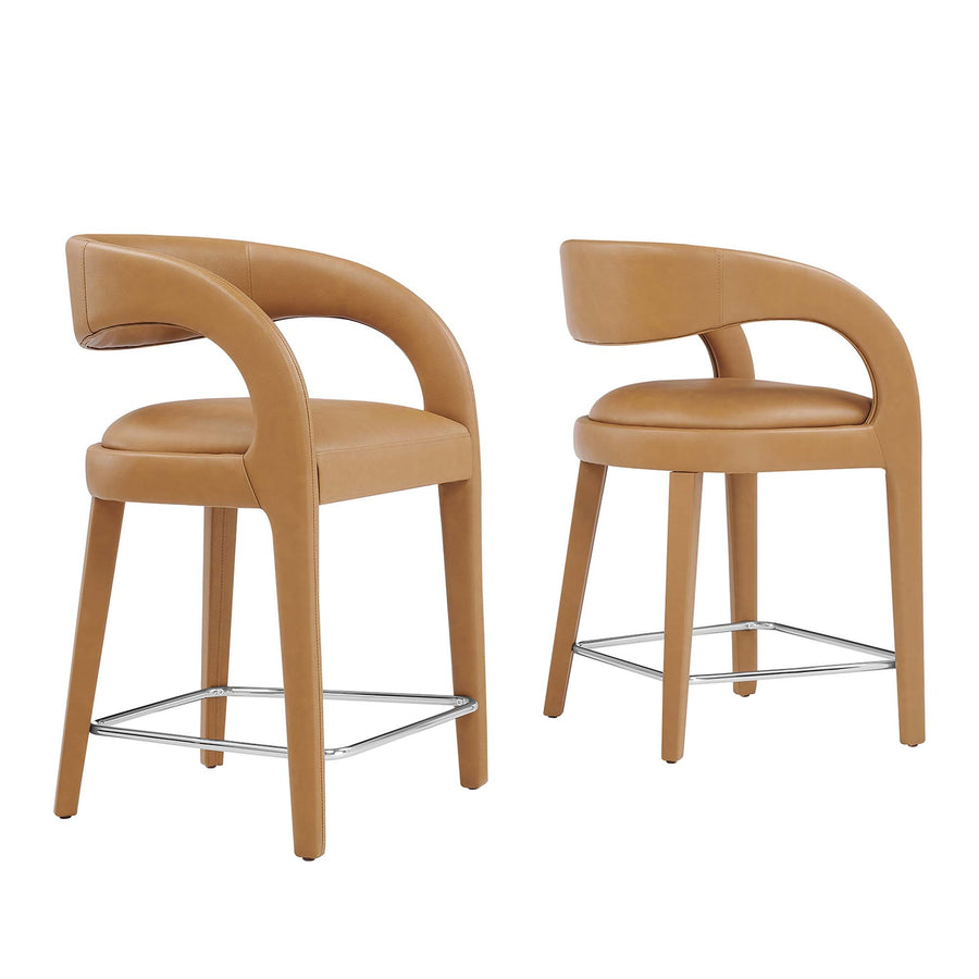 Iris Vegan Leather Counter Stool Set of 2 in Tan Silver