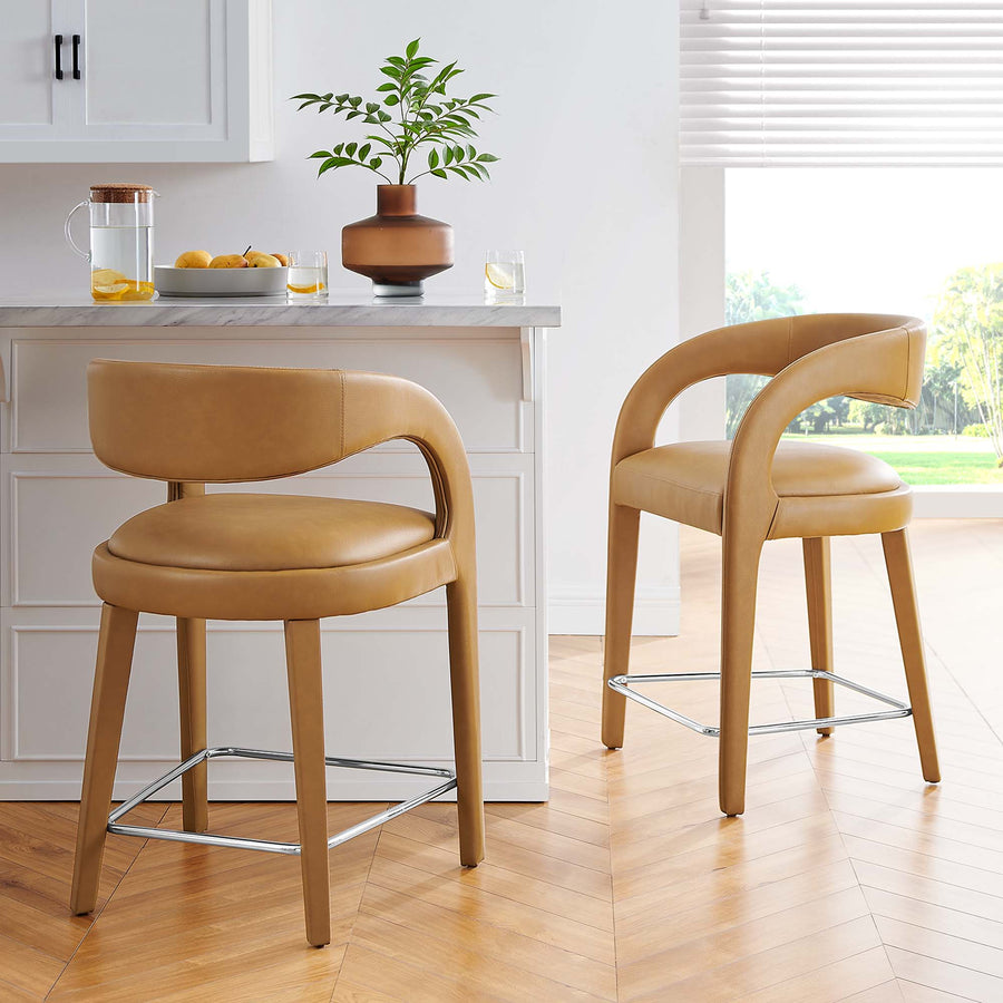 Iris Vegan Leather Counter Stool Set of 2 in Tan Silver