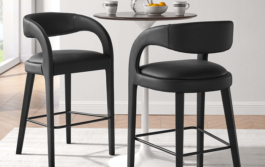 Iris Vegan Leather Bar Stool Set of 2 in Black Black