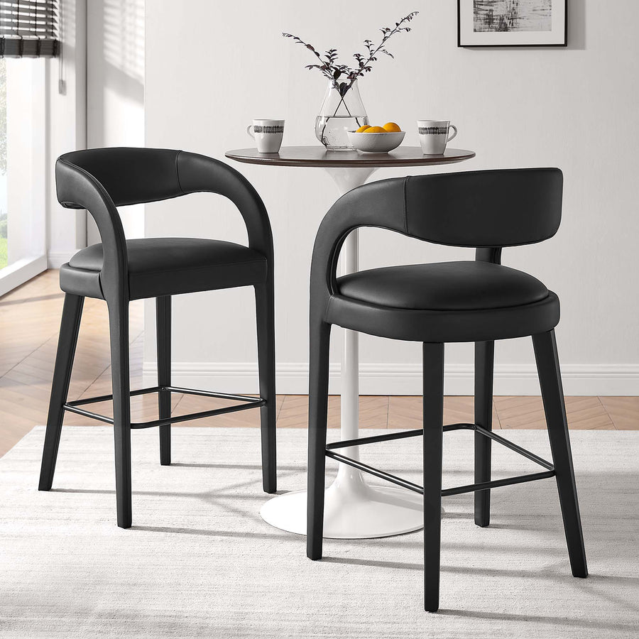 Iris Vegan Leather Bar Stool Set of 2 in Black Black