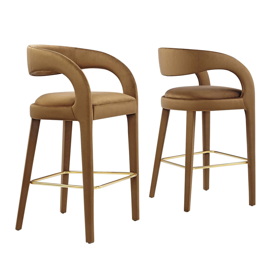 Iris Performance Velvet Bar Stool Set of 2 in Brown Gold