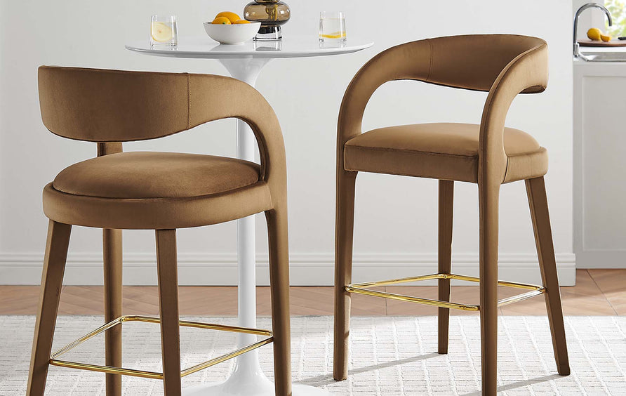Iris Performance Velvet Bar Stool Set of 2 in Brown Gold