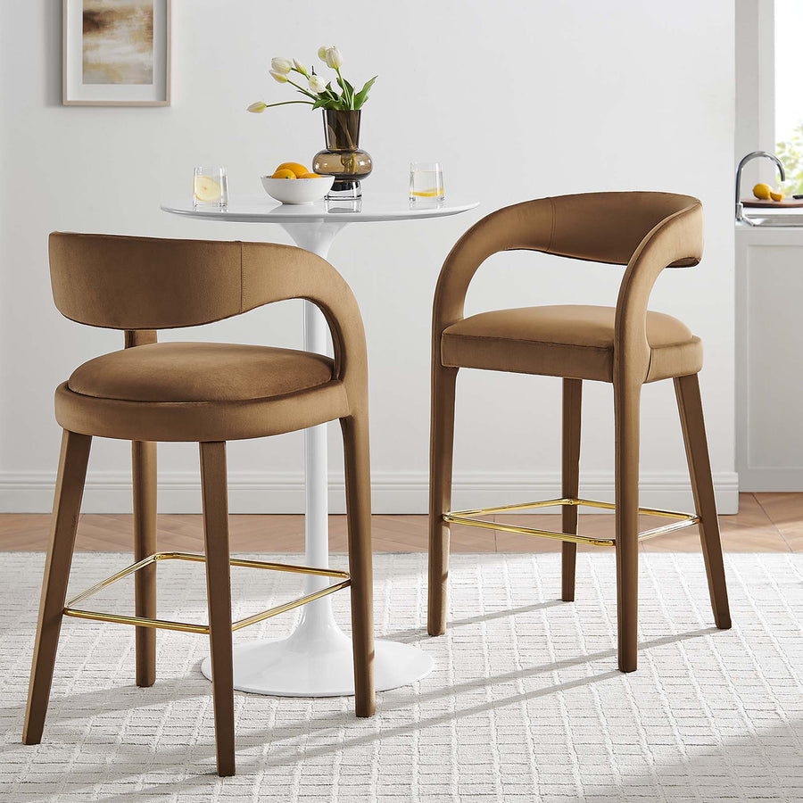 Iris Performance Velvet Bar Stool Set of 2 in Brown Gold