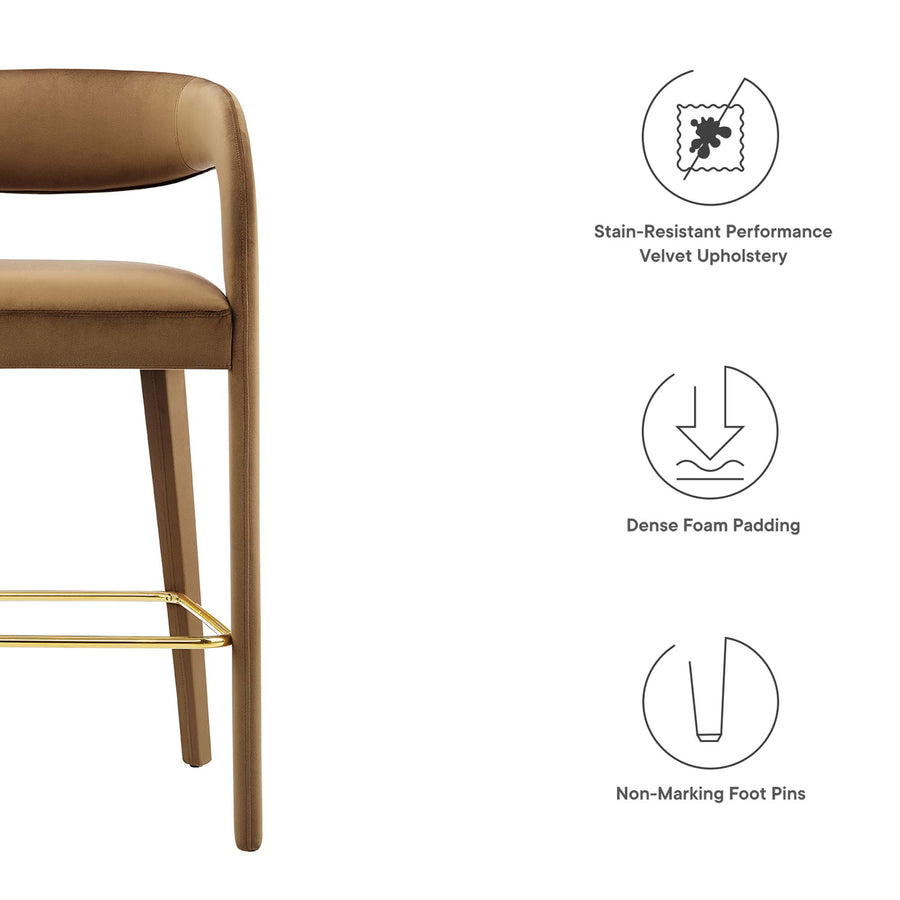 Iris Performance Velvet Bar Stool Set of 2 in Brown Gold