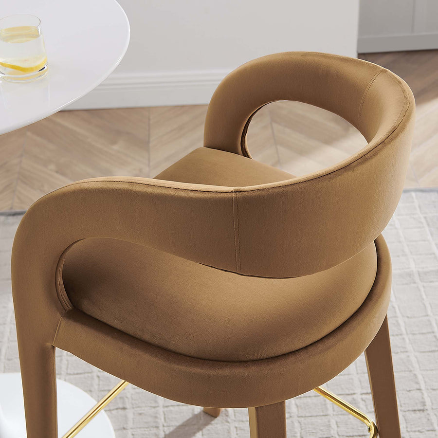 Iris Performance Velvet Bar Stool Set of 2 in Brown Gold