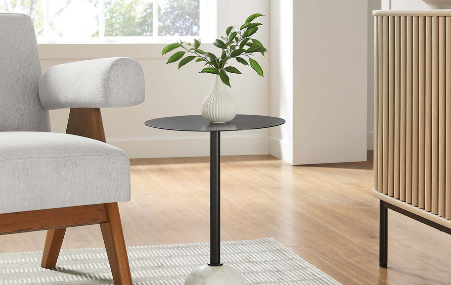 Tindra Round White Marble Side Table in White Black