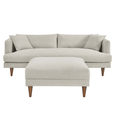 Zoya Down Filled Overstuffed Sofa and Ottoman Set in Heathered Weave Ivory