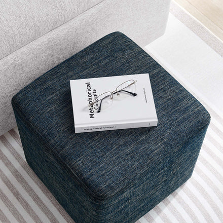 Callum 17" Square Woven Heathered Fabric Upholstered Ottoman in Heathered Weave Azure