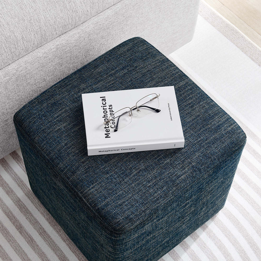 Oren 17" Square Woven Heathered Fabric Upholstered Ottoman in Heathered Weave Azure