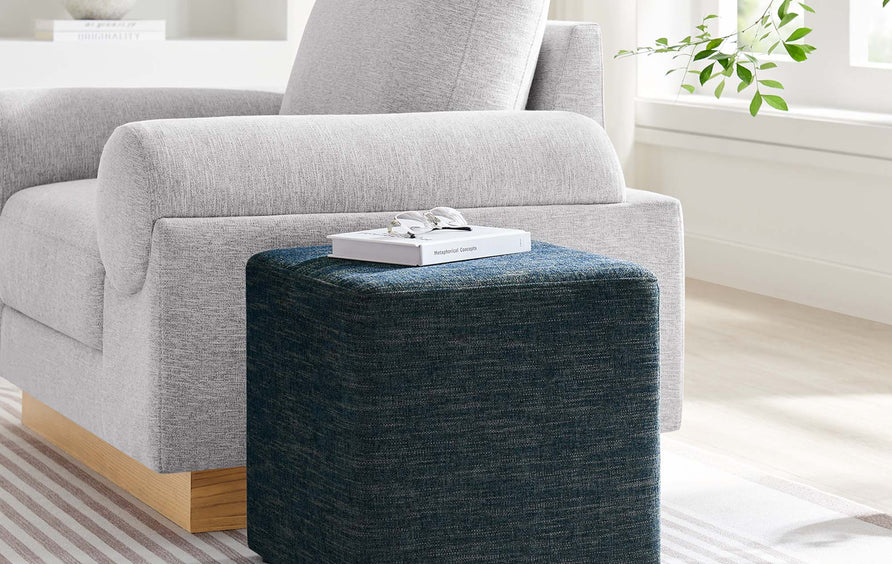 Oren 17" Square Woven Heathered Fabric Upholstered Ottoman in Heathered Weave Azure