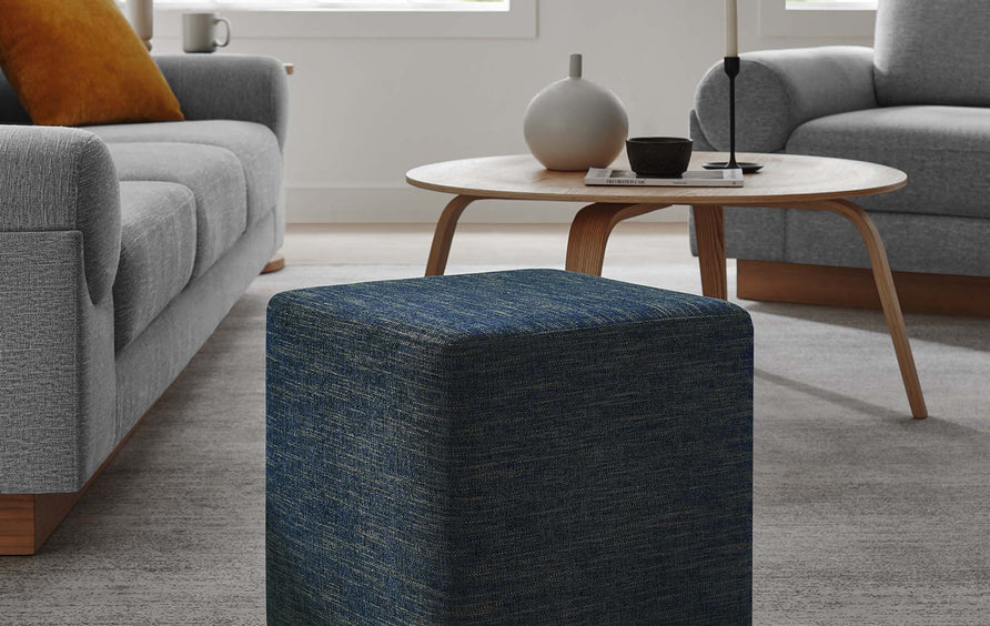 Oren 17" Square Woven Heathered Fabric Upholstered Ottoman in Heathered Weave Azure