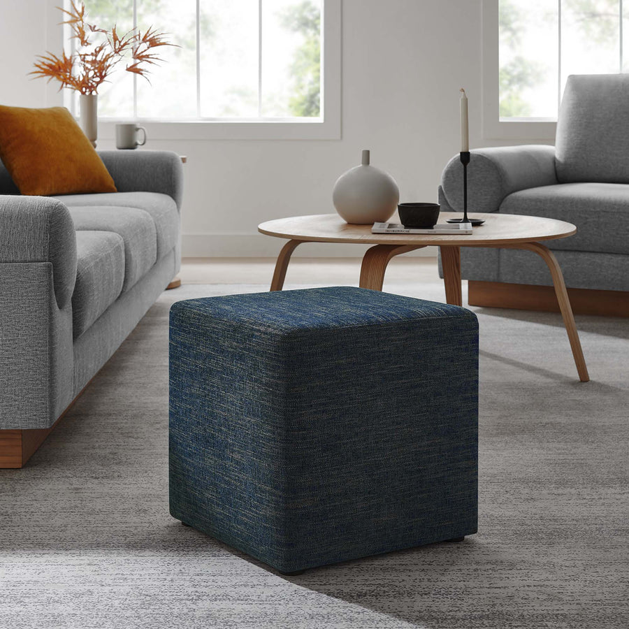 Oren 17" Square Woven Heathered Fabric Upholstered Ottoman in Heathered Weave Azure
