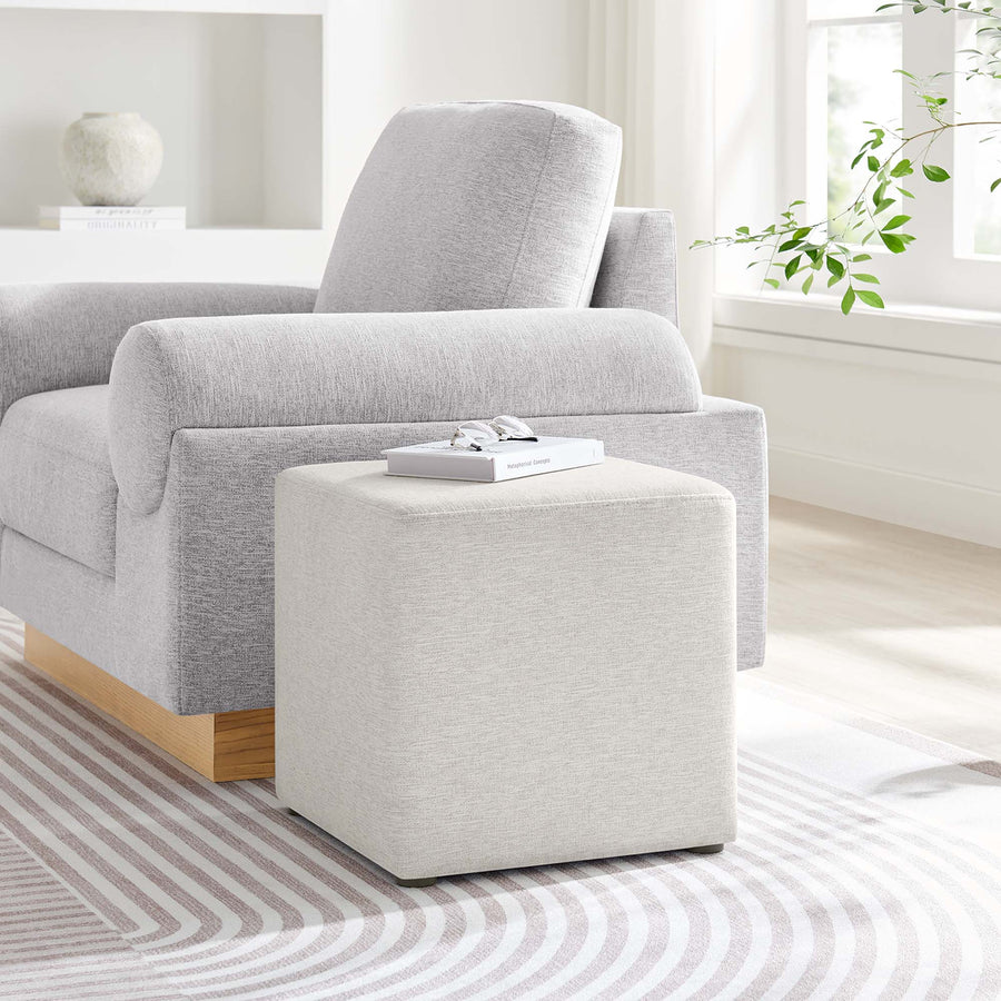 Oren 17" Square Woven Heathered Fabric Upholstered Ottoman in Heathered Weave Ivory