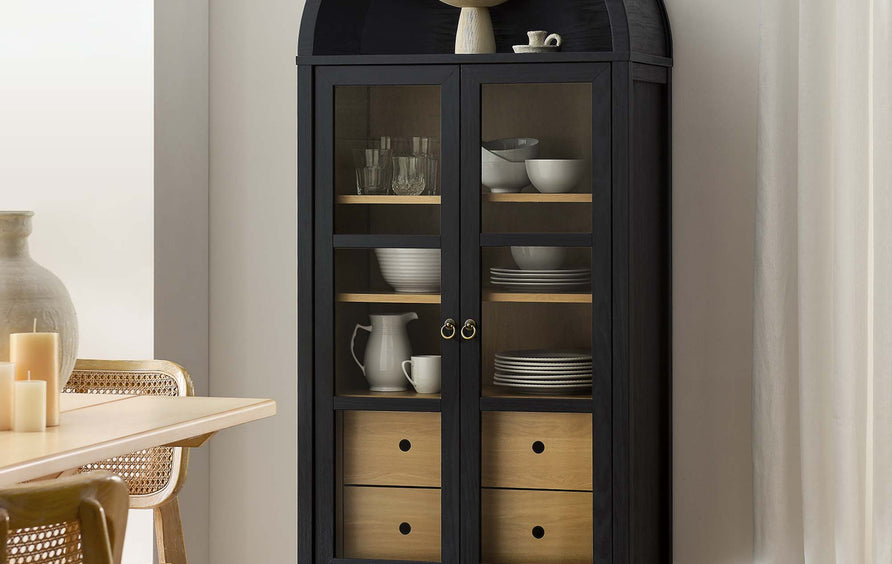 Percale Tall Arched Storage Display Cabinet in Black Oak