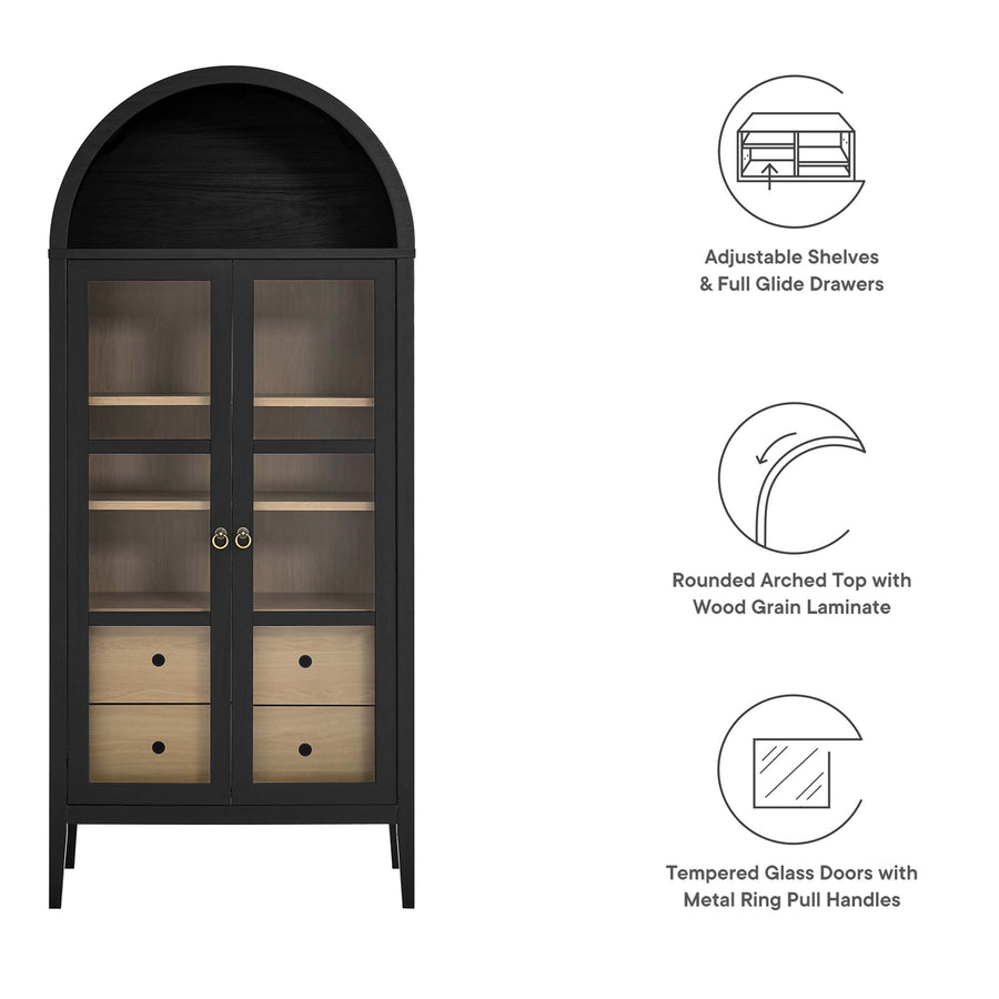 Percale Tall Arched Storage Display Cabinet in Black Oak