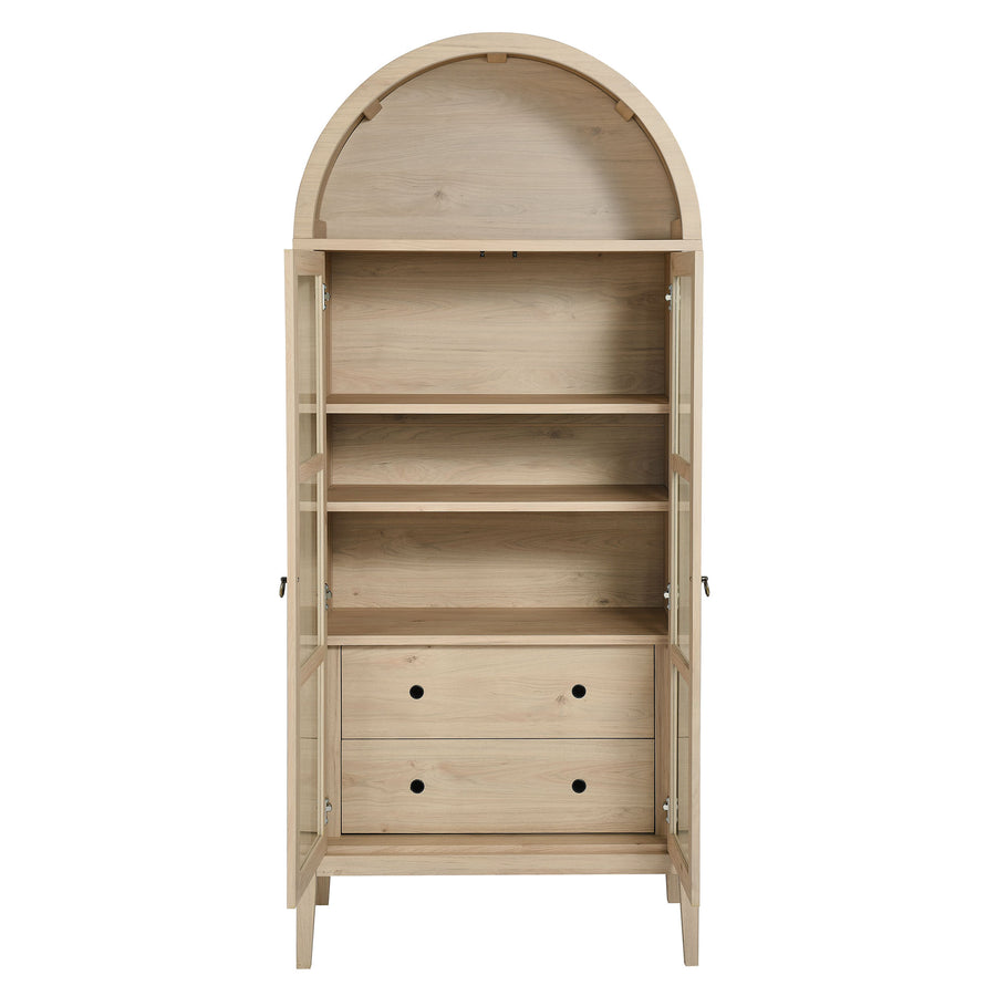 Percale Tall Arched Storage Display Cabinet in Light Oak